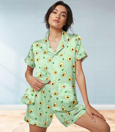 Discover Avocado Satin Short Set, Avocado Pajamas, Food Lover Bridesmaid Pajamas, Sleepwear For Women, Botany Shirt, Plants Shirt, Gift For Her