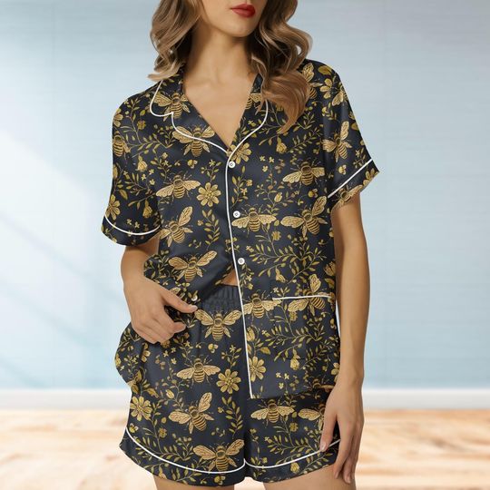 Discover Bee Botanical Satin Short Set, Honeycomb Set of Bridesmaid Pajamas, Honey Bees Shirt, Bee Lovers Sleepwear For Women, Bumblebees Shirt