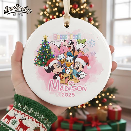 Discover Personalized Mickey and Friends Ornament: Custom Pink Ceramic Disney Christmas Keepsake