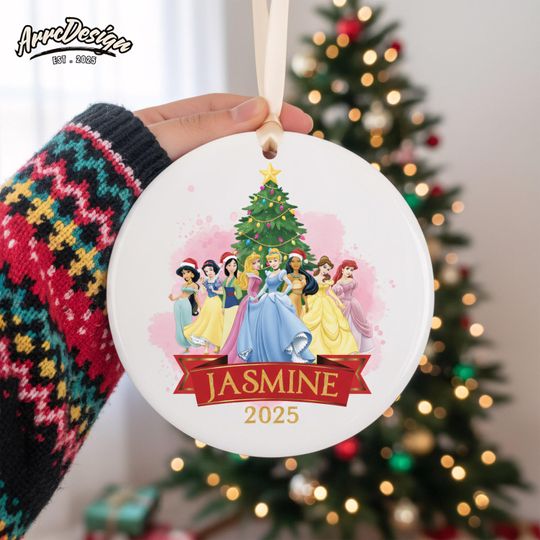 Discover 8 Princess Christmas Ornament: Personalized Pink Ceramic Disney Gift
