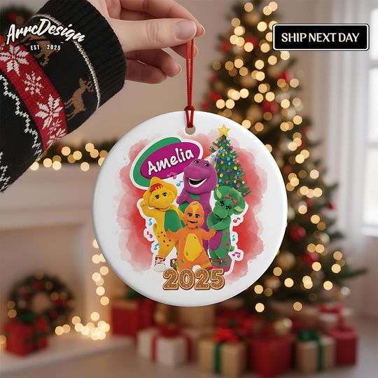 Discover Personalized Barney Christmas Ceramic Ornament: Custom Holiday Decor, Kids Gift, Xmas Tree Decoration
