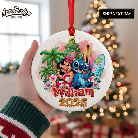 Discover Personalized Lilo and Stitch Christmas Ornament: Custom Ceramic Holiday Decor