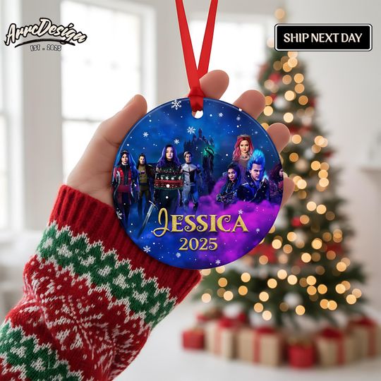 Personalized Descendants 3 Christmas Ornament: Custom Dark Night Circle Ceramic