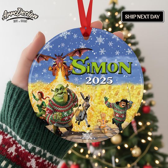 Personalized Shrek Theme Circle Ceramic Ornament: Glossy Finish Holiday Decor