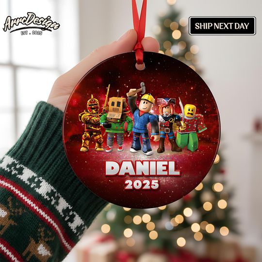 Discover Personalized Video Game Boy Circle Ceramic Ornament: Glossy Red Holiday Decor