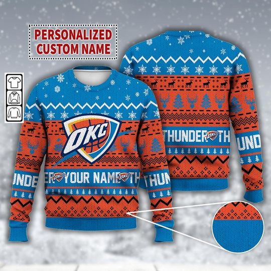 Custom Oklahoma City Basketball Ugly Christmas Sweater, Thunder Christmas Hoodie, Thunder Fan Gifts Shirt, Basketball Christmas