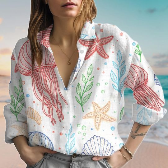 Retro Ocean Beach Blouse Shirt, Sea Life Button Women Shirt, Starfish Jellyfish Shell Linen-Look Shirt, Beach Vibes Shirt Gifts For Her