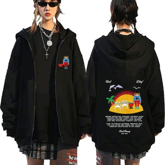 Bad Bunny Print Double Sided Zip Hoodie Men Women Hip Hop Jacket