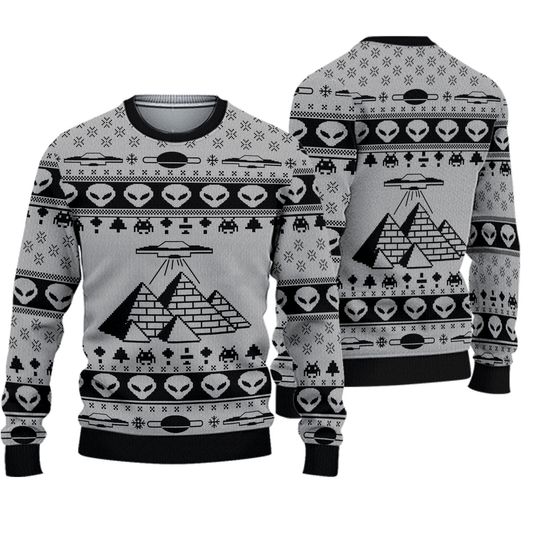 Alien Ancient Pyramid Ugly Christmas Sweater, UFO Movie Shirt, Space Gifts, Green Alien Xmas Sweater, Christmas Sweater Gift