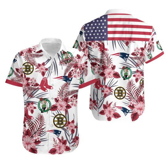 Boston Sports Mix Baseball Hawaiian Shirt With Hibiscus Flowers , Gift for Fan