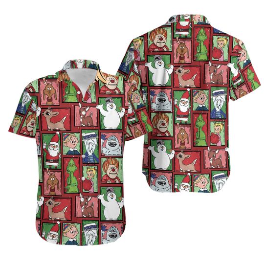 Vintage Christmas Characters Hawaiian Shirt, Christmas Movie Button Up Shirt, funny character and Friends Shirt, funny character Aloha Shirt, Christmas Gift