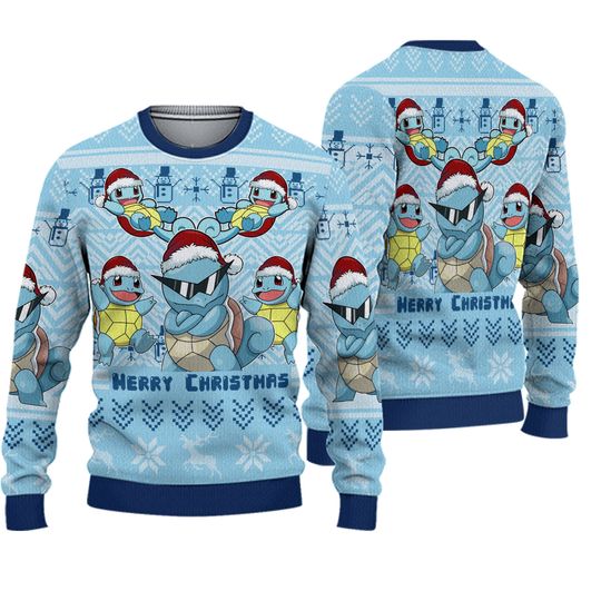 PKM Ugly Christmas Sweater, Squirtle Sweater, Gaming Holiday Gift For Men Women, Xmas Cartoon Gift