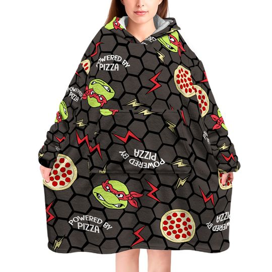 TEENAGE MUTANT NINJA Turtles Mens Wearable Blanket | Adults Grey Blanket Hoodie | All Over Print Nostalgic Fleece Sweater | Cosy TMNT 90s Cartoon Snuggle Hooded Pullover | Loungewear Gift for Men