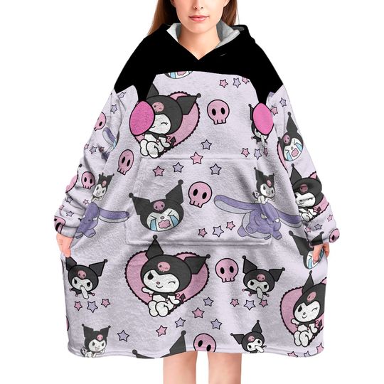 Kuromi Oversized Blanket Hoodie, Blanket with Sleeves Winter Pullover Fleece, Wearable Blanket Hoodie for adults kids babys