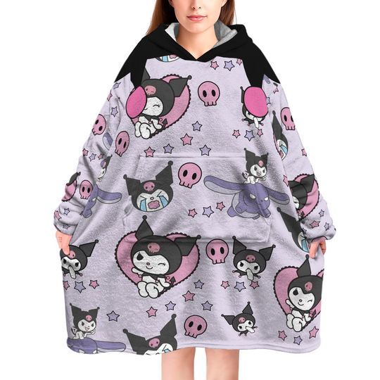Anime Blanket Hoodie  oversize snuggle Sherpa Kuromi hello kitty  Blanket Hoodie
