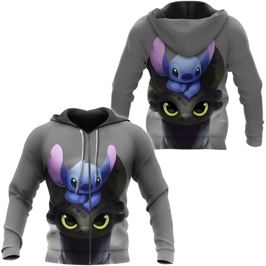 Stitch and Toothless Hoodie, Cute Mashup Zip Hoodie, How to Train Your Dragon, Lilo and Stitch Gift, Stitch Hoodie, Toothless 3D Hoodie