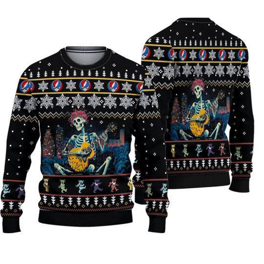 2025 Grateful De*d Skeleton Playing Guitar Ugly Christmas Sweater Allsize