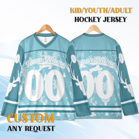Custom Winter Hockey Jersey, Blue Snowflake Reindeer Christmas Team Jersey Holiday Gift