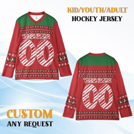 Custom Christmas Hockey Jersey, Holiday Team Uniform  Kids Youth Adult, Personalized Name & Number Ugly Sweater Style Sports Jersey