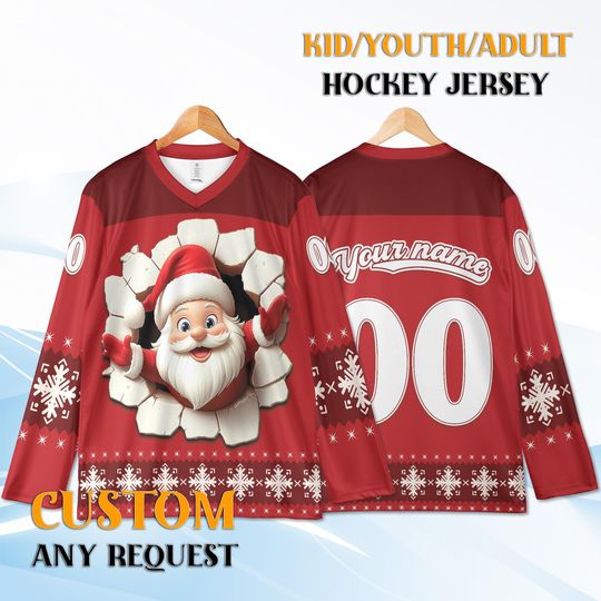 Custom Santa Hockey Jersey, Kids Youth Adult Christmas Jersey, Personalized Name & Number, Holiday Snowflake Hockey Shirt Gift