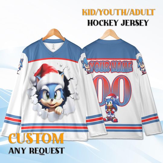 Custom Sonic Christmas Hockey Jersey, Personalized Name & Number, Holiday Gamer Gift, Sonic Fan Outfit