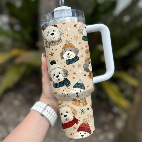 Discover 40oz Stainless Steel Tumbler with Handle - Funny Old English Sheepdog Christmas Dog Cup for Coffee Lovers