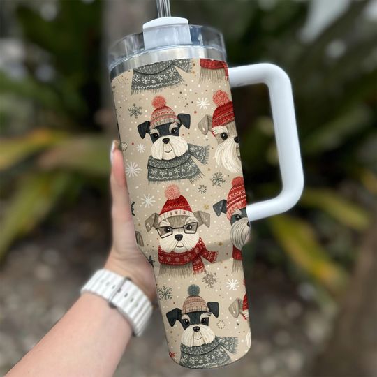 Discover 40 oz Stainless Steel Tumbler with Handle – Funny Schnauzer Dog Christmas Design, Coffee Lover Gift