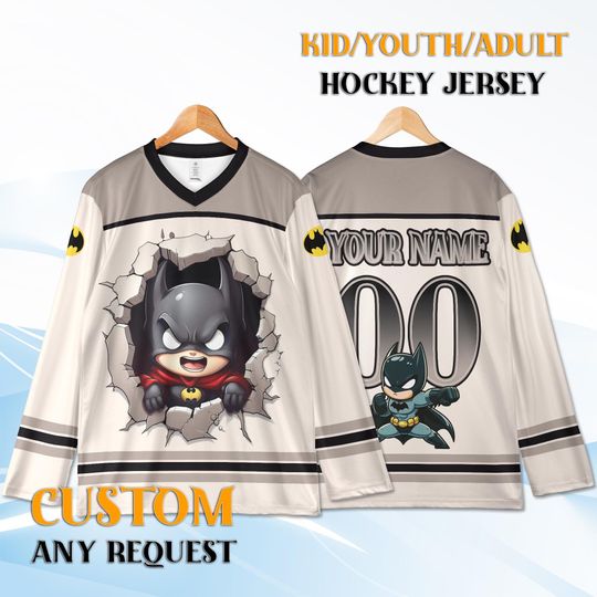 Discover Custom Batman Hockey Jersey with Name & Number, Personalized Superhero Jersey, Comic Hero Gift, Custom Hockey Shirt