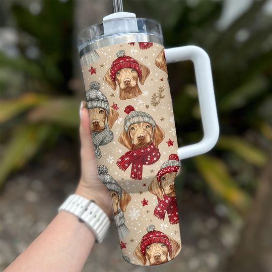 Discover 40oz Stainless Steel Tumbler with Handle - Funny Vizsla Christmas Dog Cup, Coffee and Water Lover Gift