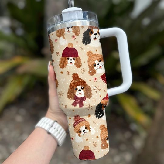 Discover 40 oz Stainless Steel Tumbler with Handle - Funny Cavalier King Charles Spaniel Dog Christmas Design for Coffee Lovers