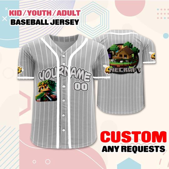 Custom Minecraft Baseball Jersey, Kids Youth Adult Gamer Shirt, Minecraft Birthday Outfit