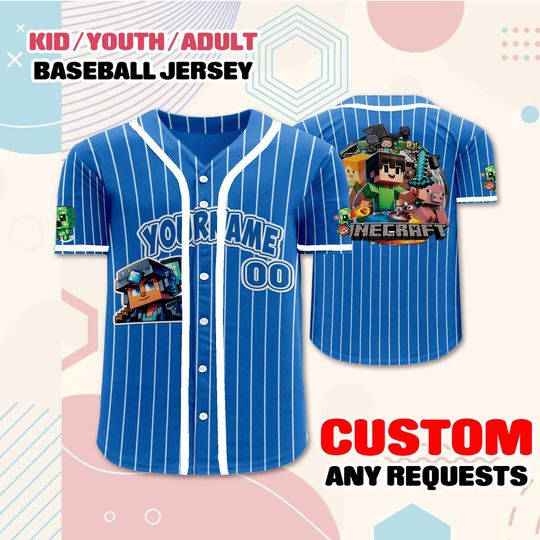Minecraft Themed Baseball Jersey, Kids Youth Adult Gamer Clothing, Birthday Present