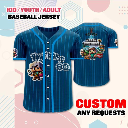 Custom Minecraft Baseball Jersey, Kids Youth Adult Gamer Tee, Birthday Party Apparel