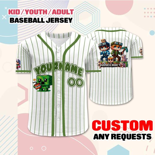 Custom Minecraft Shirt, Gamer Baseball Jersey, Kids Youth Adult Personalized Name Number  Minecraft Party Outfit