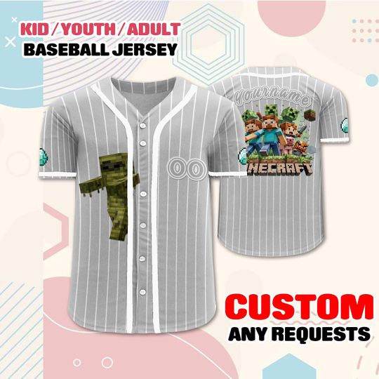 Personalized Minecraft Gamer Baseball Jersey, Custom Name & Number, Kids Youth Adult Baseball Shirt  Birthday Outfit