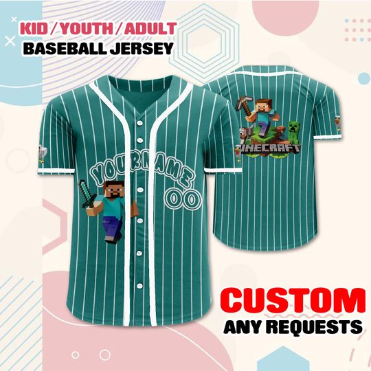 Custom Minecraft Baseball Jersey for Kids Youth Adult, Personalized Name & Number, Minecraft Birthday Outfit, Gamer Gift Jersey