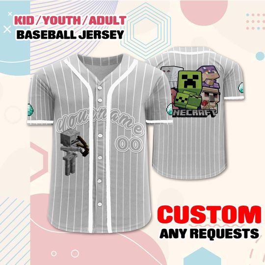 Custom Minecraft Jersey for Kids Youth Adults, Personalized Name & Number, Gamer Birthday Shirt  Minecraft Party Outfit