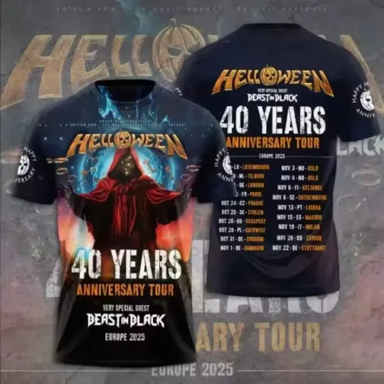 Discover Helloween 40 Years Anniversary Tour Europe 2025 Tour 3D T-Shirt Size S-5XL