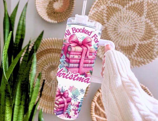 Discover Booked For Christmas 40oz Tumbler Wrap PNG, Reader Book Lover Quencher Handle Tumbler Holiday Sublimation Design, Winter X-mas 40oz Download
