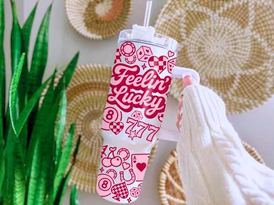 Discover Feelin' Lucky 40oz Tumbler with Handle, Lucky Dice and Cherries Design, Trendy Poker and 8-Ball Pattern for Women