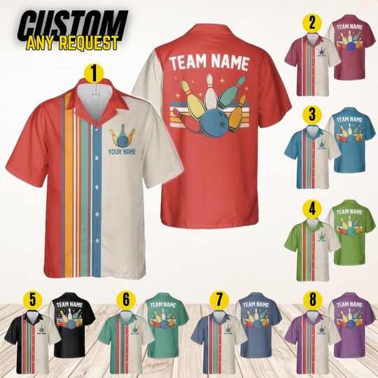 Discover Personalized Retro Bowling Hawaiian Shirt, Custom Name Button Down Shirt, Matching Bowling Team Shirt, Bowling Lover Gift,Bowler Shirts BL36