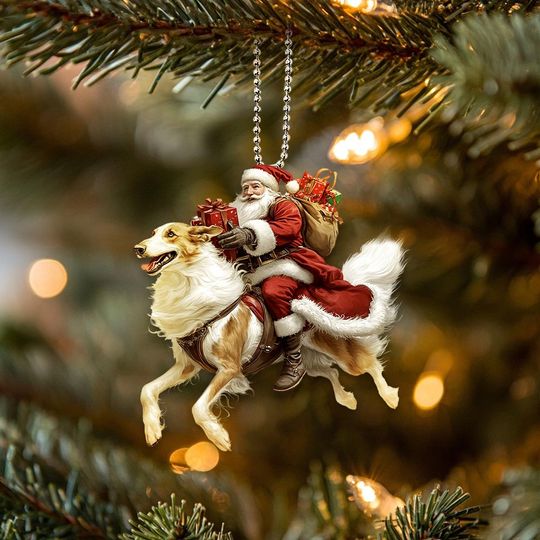 Discover 2D Flat Borzoi Dog Ornament with Santa, Cute Dog Car Hanging Decoration, Christmas Gift for Dog Lovers