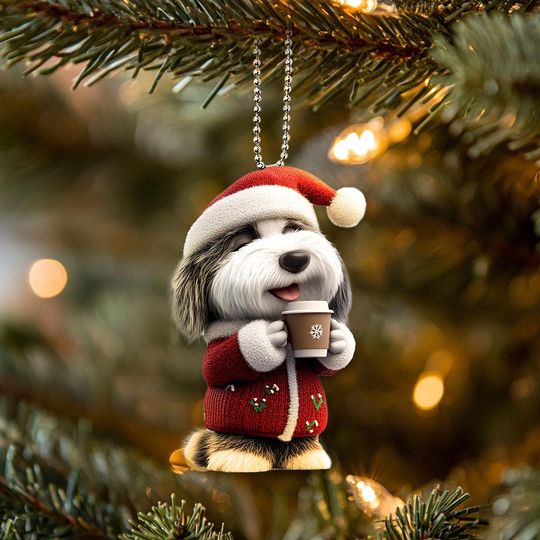 Discover 2D Flat Bearded Collie Dog Ornament, Coffee Drinking Dog Car Hanging Decoration, Cute Dog Lover Gift, Christmas Ornament