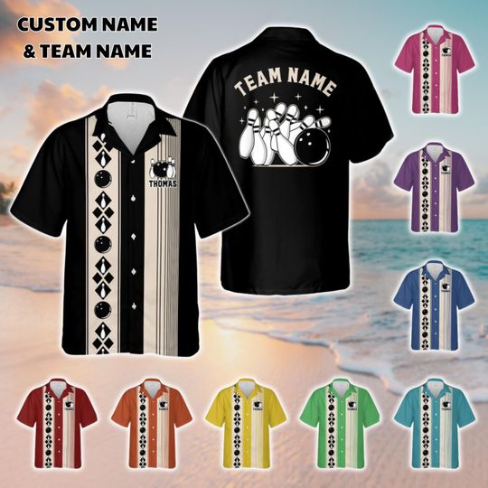 Discover Personalized Retro Bowling Hawaiian Shirt: Custom Name Button Down Shirt, Matching Bowling Team Hawaiian, Bowling Lover Gift, Bowler Shirts