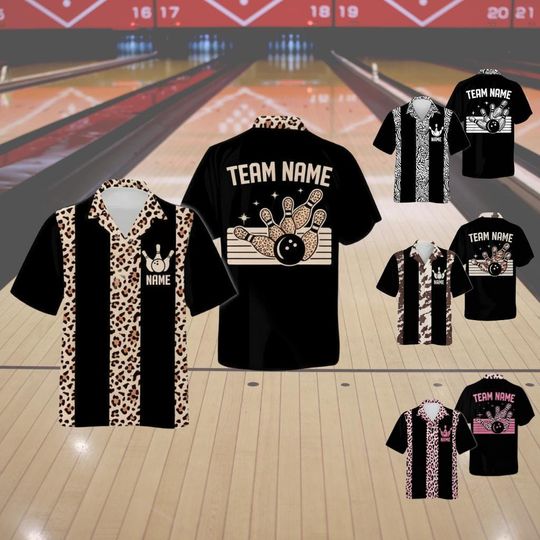 Discover Personalized Leopard Bowling Hawaiian Shirt, Custom Name Button Down Shirt, Matching Bowling Team Shirt, Bowling Lover Gift, Bowler Shirts