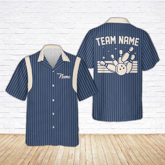 Discover Retro Stripe Bowling Hawaiian Shirt, Custom Name Bowler Button Shirt, Matching Bowling Squad Shirt, Personalized Bowling Team Gift
