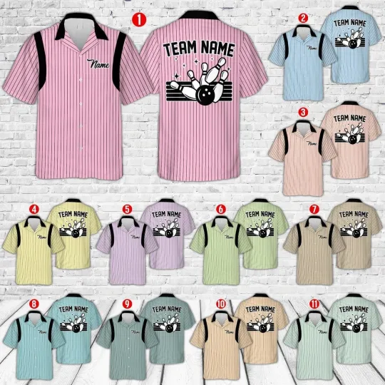 Discover Personalized Bowling Hawaiian Tee - Custom Name Retro Stripe - Adults & Youth