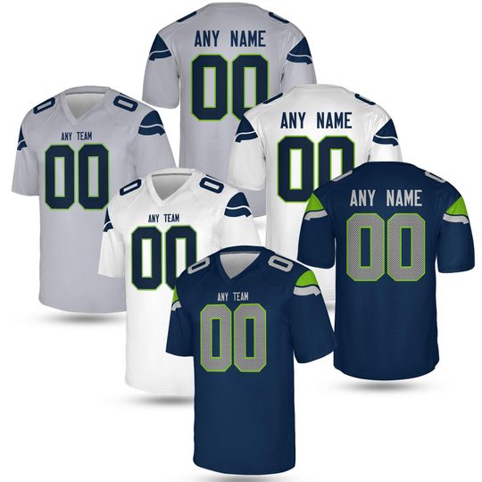 Discover Personalized Name and Number Seattle Jersey, Custom Navy and Green Custom Football Jersey, Gameday Fan Outfit, Unisex Football Gift for Him
