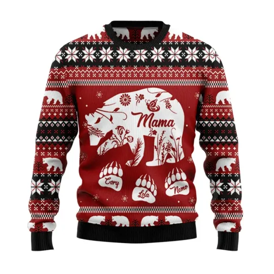 Discover Custom Name Mama Bear Christmas Sweater- 3D Print Ugly Sweatshirt
