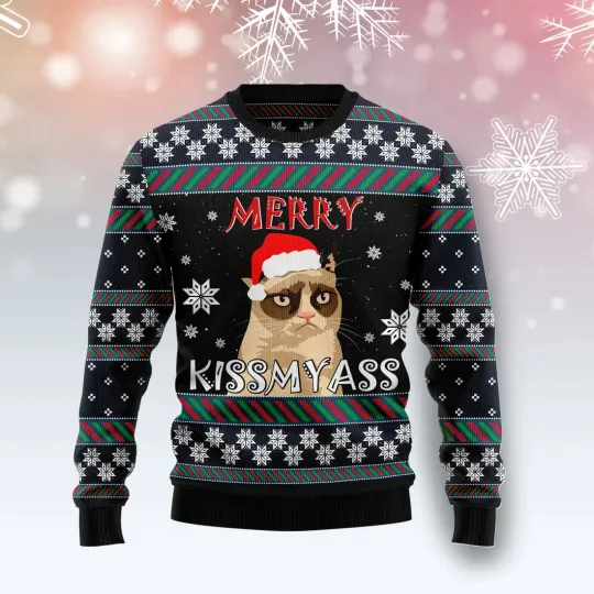 Discover Grumpy Cat Kissmyass Ugly Christmas Sweater - 3D Print Ugly Sweatshirt
